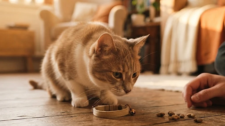 Main déposant délicatement un collier près d'un chat curieux qui le renifle, friandises posées à côté, pour habituer son chat au collier en douceur