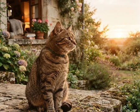Chat tigré assis dans un jardin, portant un petit collier GPS pour chat