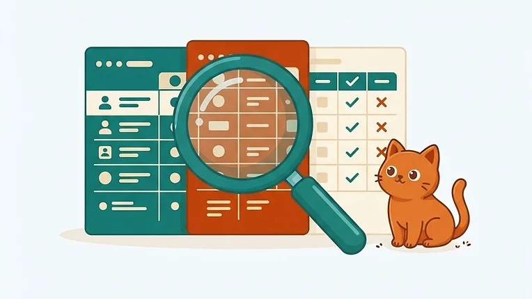 Illustration d'une loupe examinant des fiches produit de traceurs GPS pour chat
