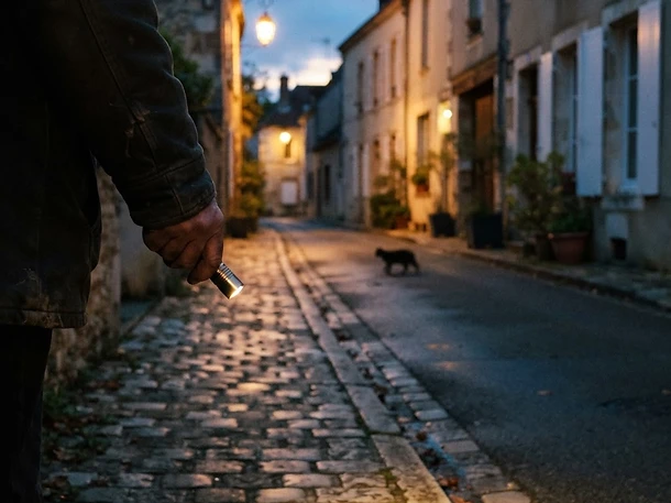 Personne cherchant son chat perdu à la lampe torche dans une rue résidentielle au crépuscule, silhouette de chat au loin