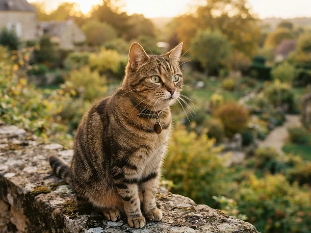 Vue aérienne stylisée d'un quartier résidentiel montrant le territoire d'un chat, trajets en pointillés autour de sa maison