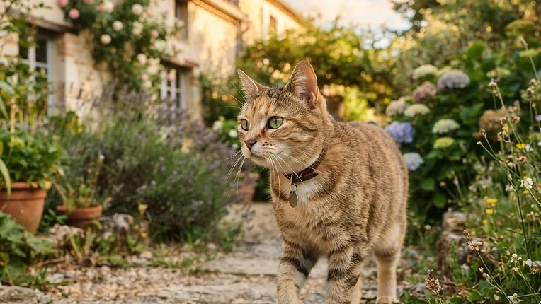 Fonctionnement d'un collier GPS pour chat : satellites, antenne relais et smartphone reliés au chat par des pointillés
