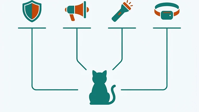 Schéma des quatre piliers pour retrouver un chat perdu : déclaration officielle, annonces en ligne, recherche de terrain, prévention GPS