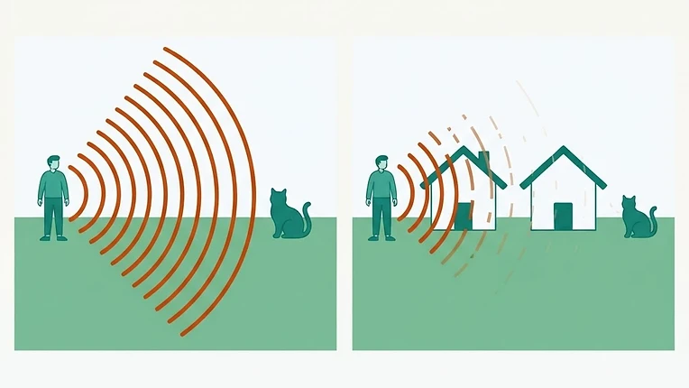 Schéma de la portée du Tabcat v2 : signal complet en champ libre, atténué par les maisons en lotissement