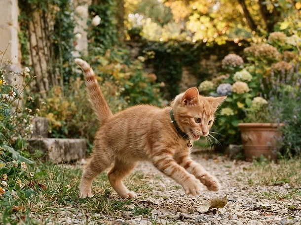 Chaton roux joueur portant un collier fin équipé d’une minuscule balise GPS adaptée à son poids