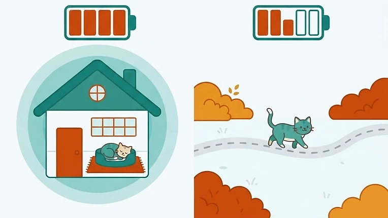 Schéma de la zone d'économie d'énergie du Tractive CAT Mini : GPS au repos à la maison, suivi actif dehors