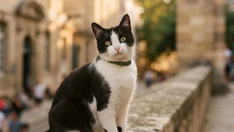 Chat noir et blanc en ville portant un AirTag dans un médaillon fixé à son collier