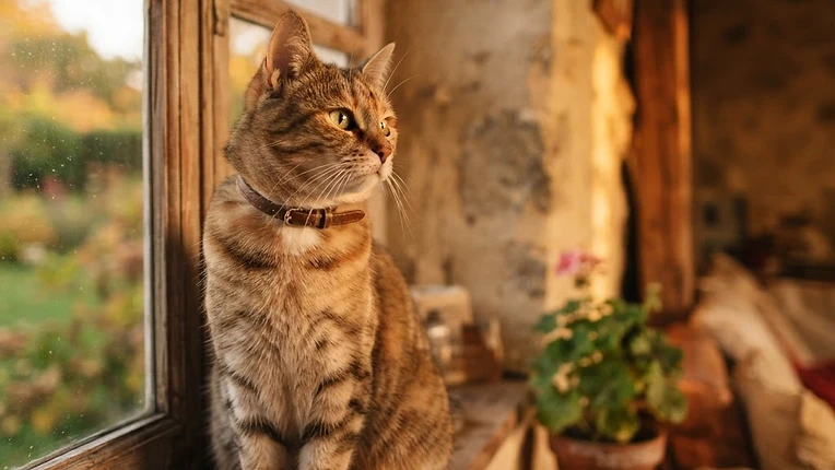 Smartphone affichant une carte avec des épingles de signalement, application pour retrouver un chat perdu, chat en arrière-plan