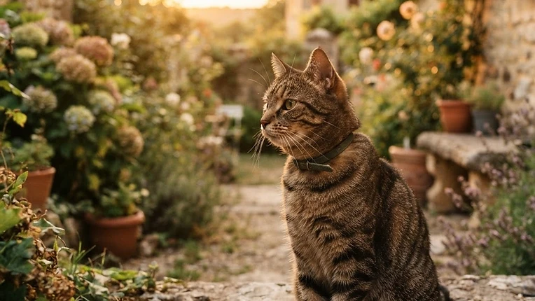 Chat tigré assis dans un jardin, portant un petit collier GPS pour chat