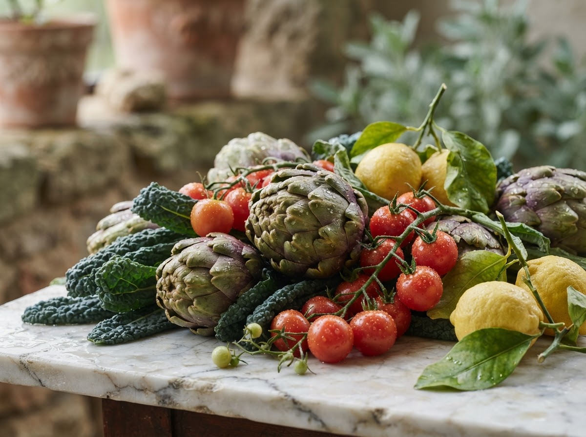 Verduras frescas sobre mármol