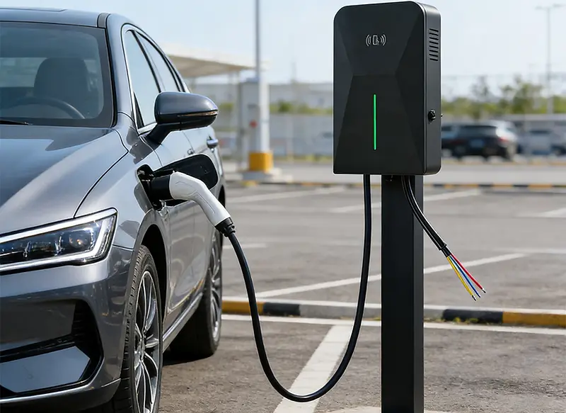 Stacja ładowania samochodów elektrycznych na parkingu obiektu komercyjnego