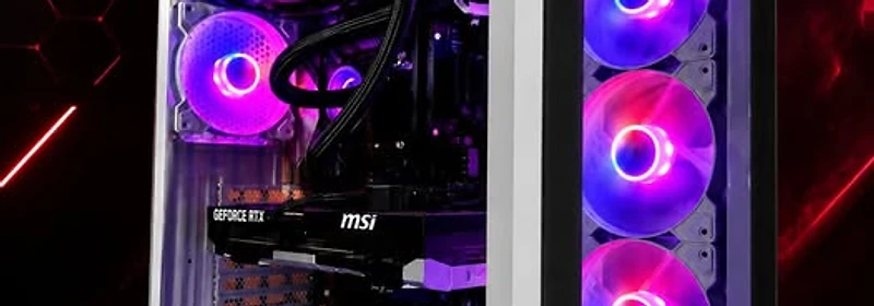 High-end gaming PC with deep red internal lighting