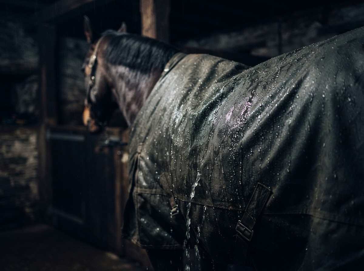 Rain rolling off a treated horse rug in a dark stable