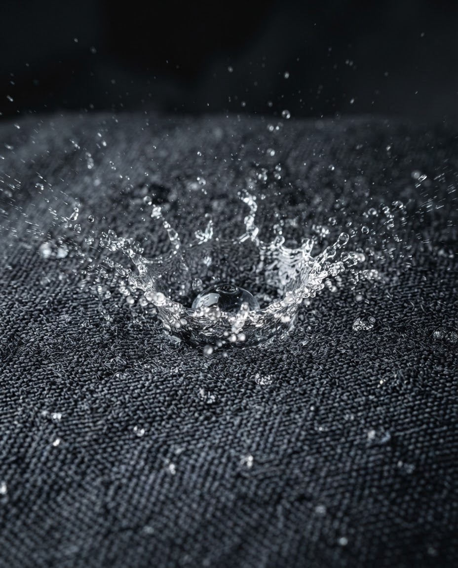 A water droplet shattering against treated technical waterproof fabric