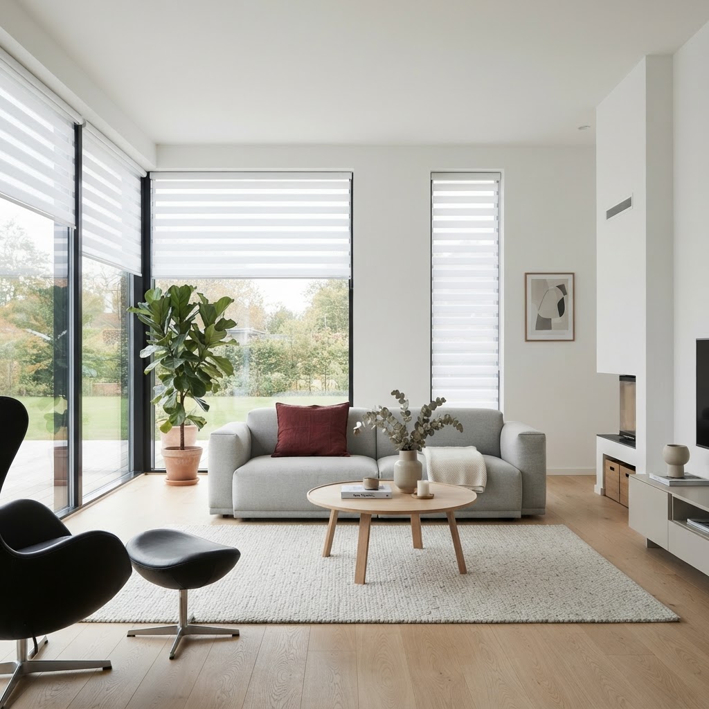 Bright living room with custom vertical blinds filtering soft daylight