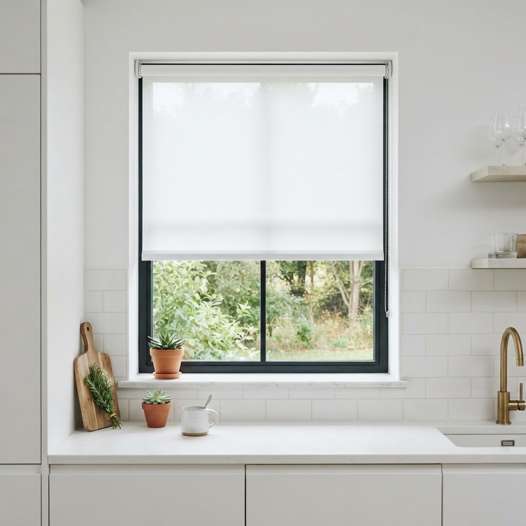 Roller shade in a minimalist kitchen