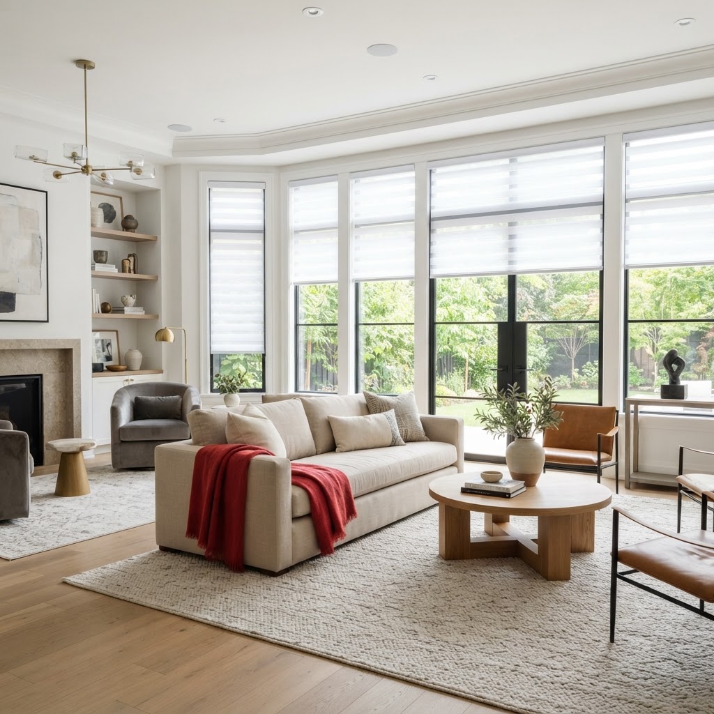 Bright living room with custom zebra blinds and a red accent