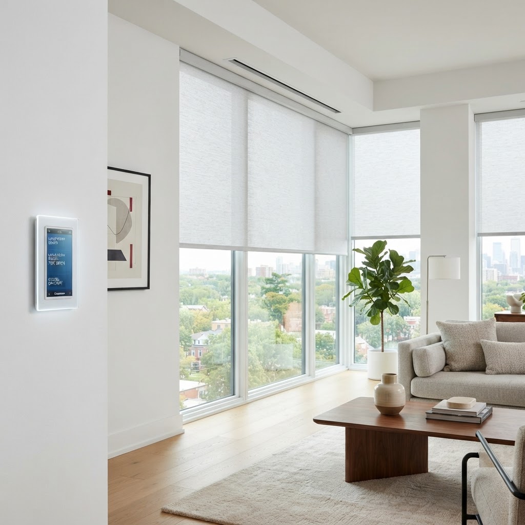 Modern motorized blinds in a bright room