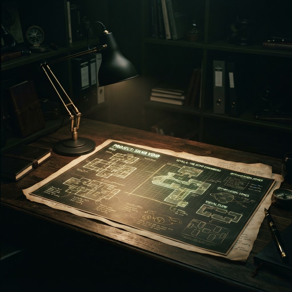Game design blueprint under lamplight