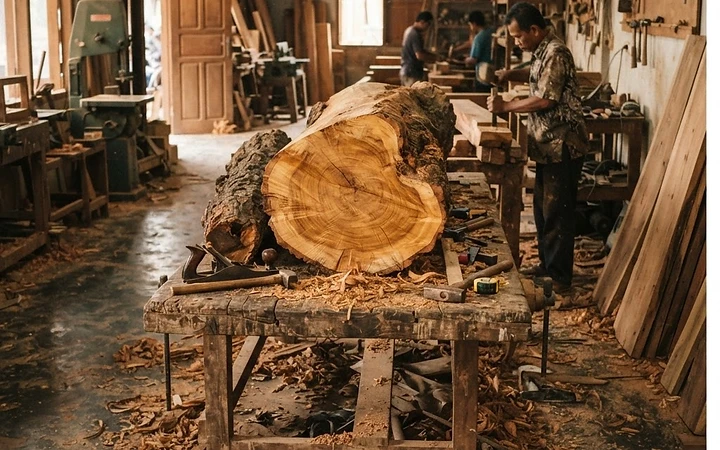 A raw ancient teak log half-sawn to reveal golden grain on the workshop floor