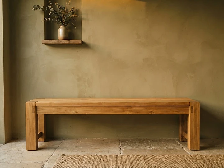 Ankor Bench — hand-finished solid teak with straight grain and matte oil finish