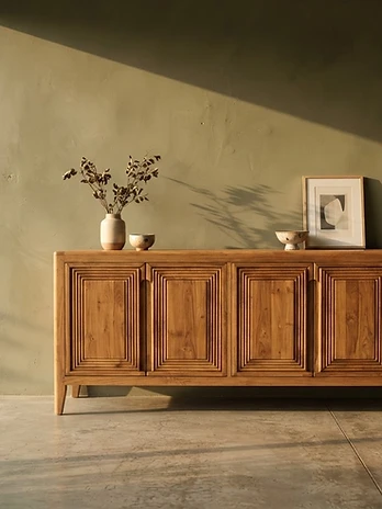 Vesper Credenza — hand-finished solid teak with straight grain and matte oil finish