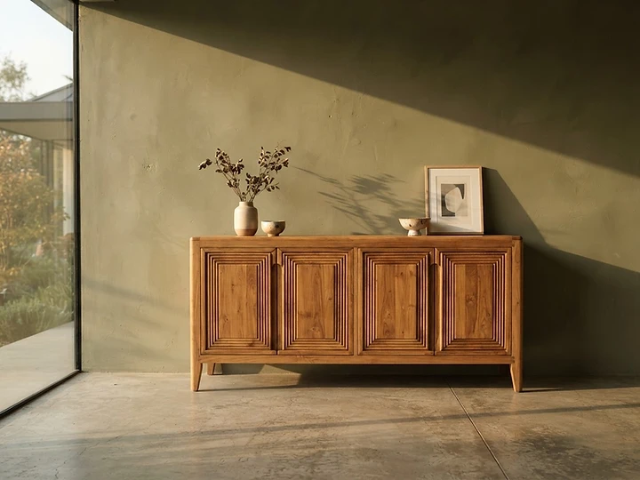 Vesper Credenza — hand-finished solid teak with straight grain and matte oil finish