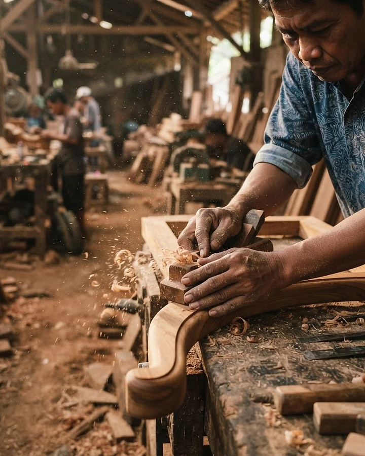 A craftsman's hands smoothing a curved teak joint with a hand plane, fine sawduff in warm light