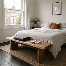 Ankor bench at the foot of the bed. Quiet, heavy, perfect.