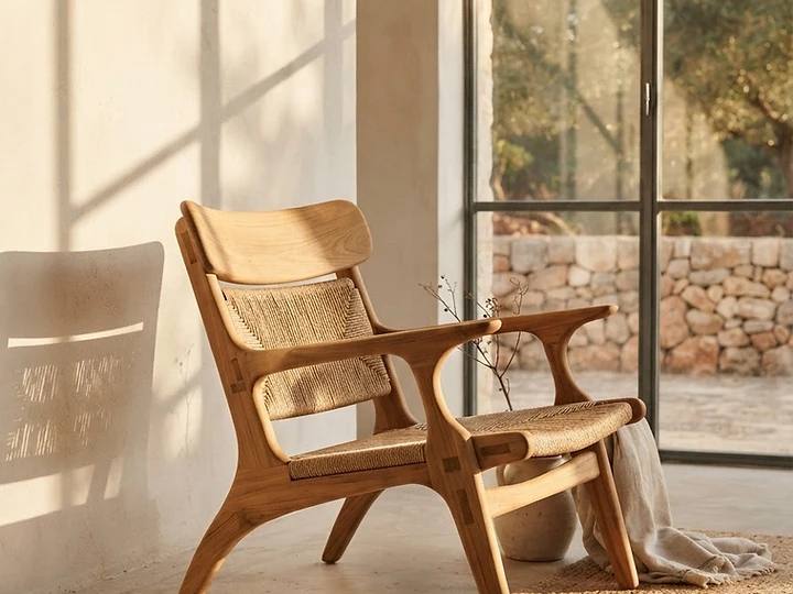 Loom Lounge Chair — hand-finished solid teak with figured grain and hand-rubbed satin finish