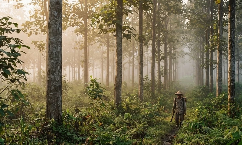 An Indonesian teak plantation forest at dawn, golden light filtering through the mature canopy