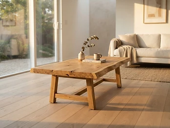 Driftwood Coffee Table — hand-finished solid teak with live edge grain and matte oil finish