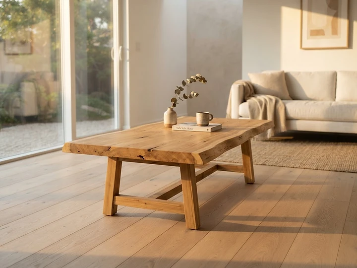 Driftwood Coffee Table — hand-finished solid teak with live edge grain and matte oil finish