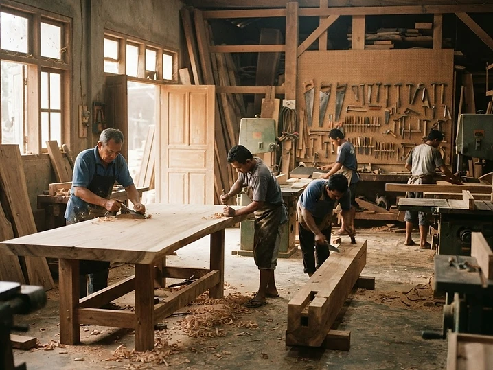 Craftspeople hand-planing a teak slab in the workshop at first light