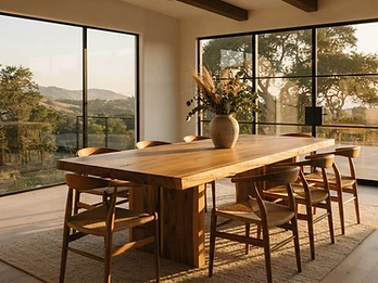 Meridian Dining Table — hand-finished solid teak with straight grain and matte oil finish