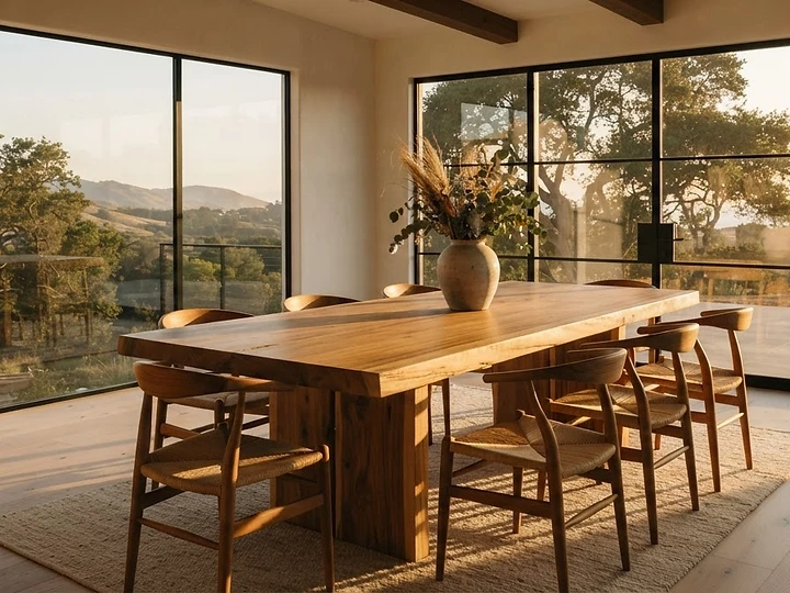Meridian Dining Table — hand-finished solid teak with straight grain and matte oil finish