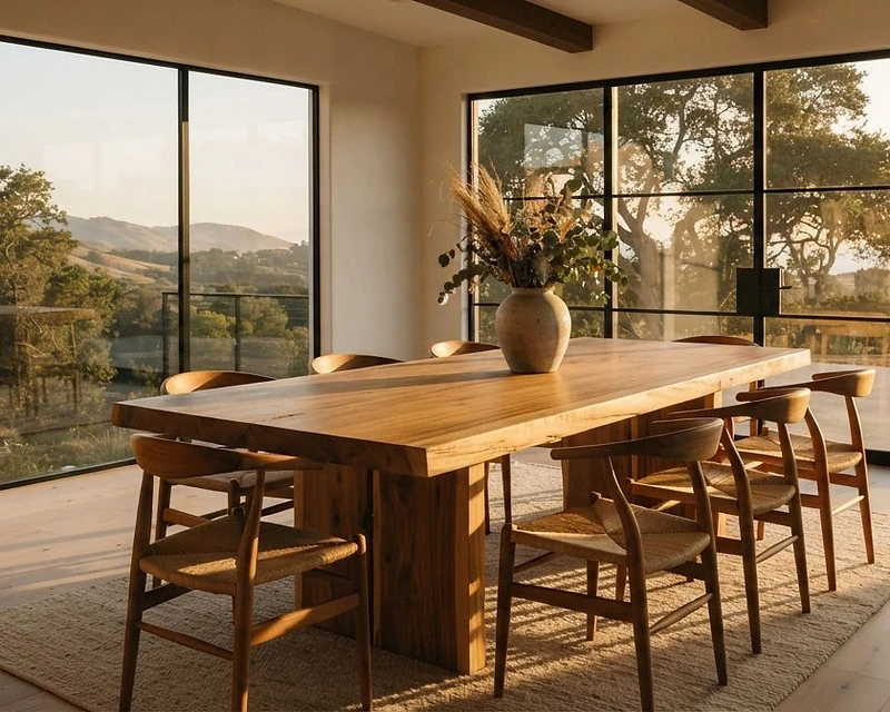 Massive solid teak dining table in a sun-drenched minimalist California room, honey-gold straight grain, matte oil finish