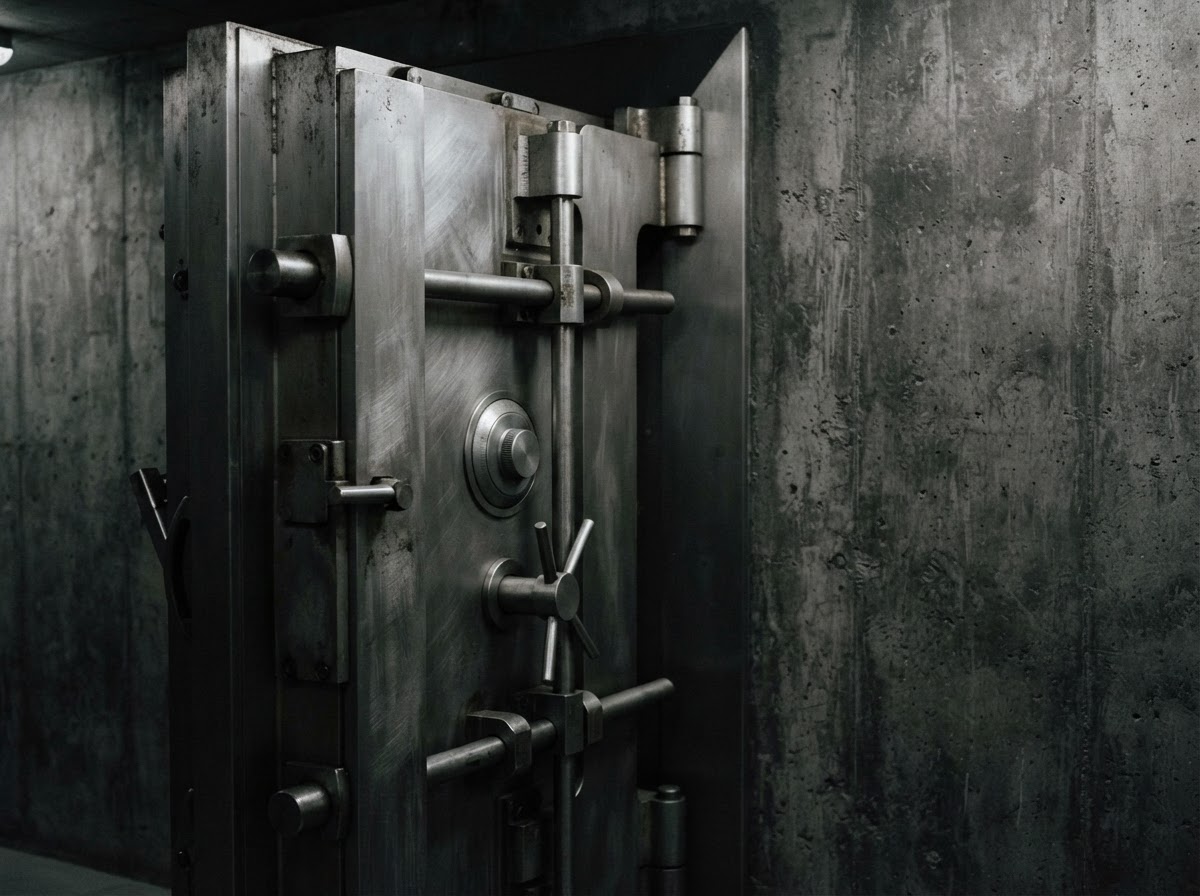Brushed steel vault door detail against brutalist concrete