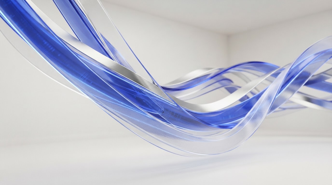 Abstract cobalt blue data ribbons over a light surface