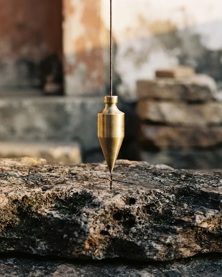 A brass plumb bob hanging still over a rugged stone base
