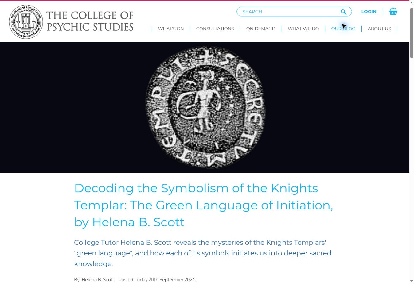 The College of Psychic Studies live article page for Decoding the Symbolism of the Knights Templar: The Green Language of Initiation by Helena B. Scott