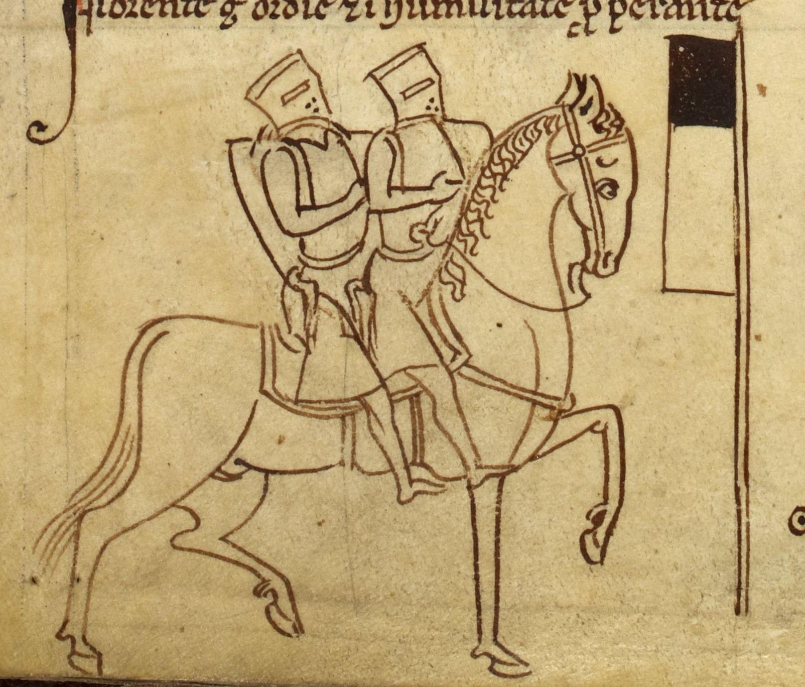 Matthew Paris medieval manuscript drawing of two Templars riding one horse beside the black-and-white Beauséant