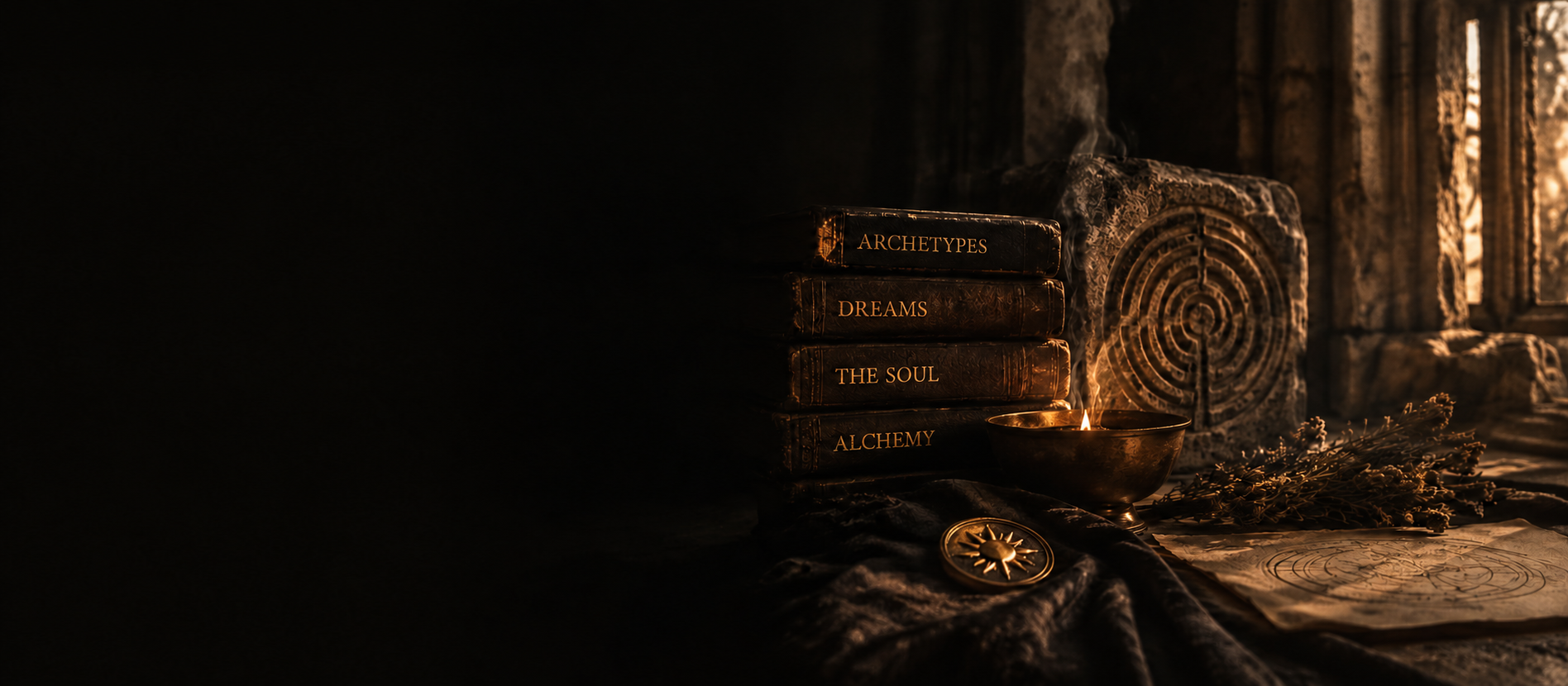 Soul Archaeology — antique books on archetypes, dreams, the soul and alchemy with labyrinth stone and symbolic objects