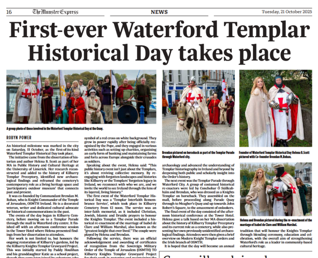 The Munster Express, 21 October 2025 — coverage of the first-ever Waterford Templar Historical Day, 11 October 2025.