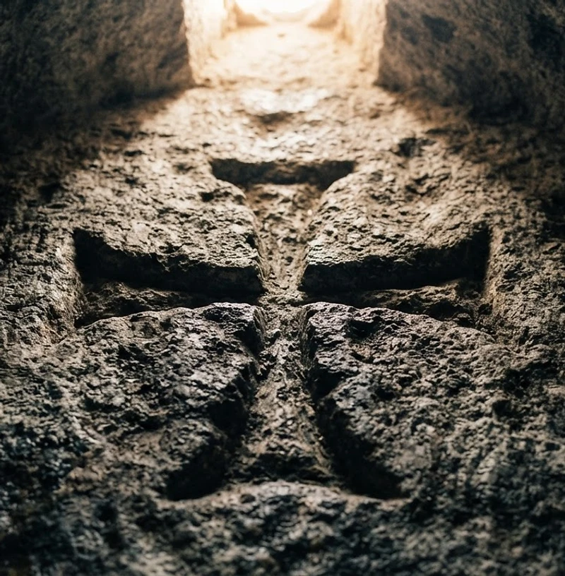 A weathered Knights Templar cross carved deep into ancient granite, emerging slowly from darkness, illuminated by a single shaft of light
