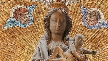 Close-up of Our Lady of Dublin and the Christ Child against the radiating gold mosaic