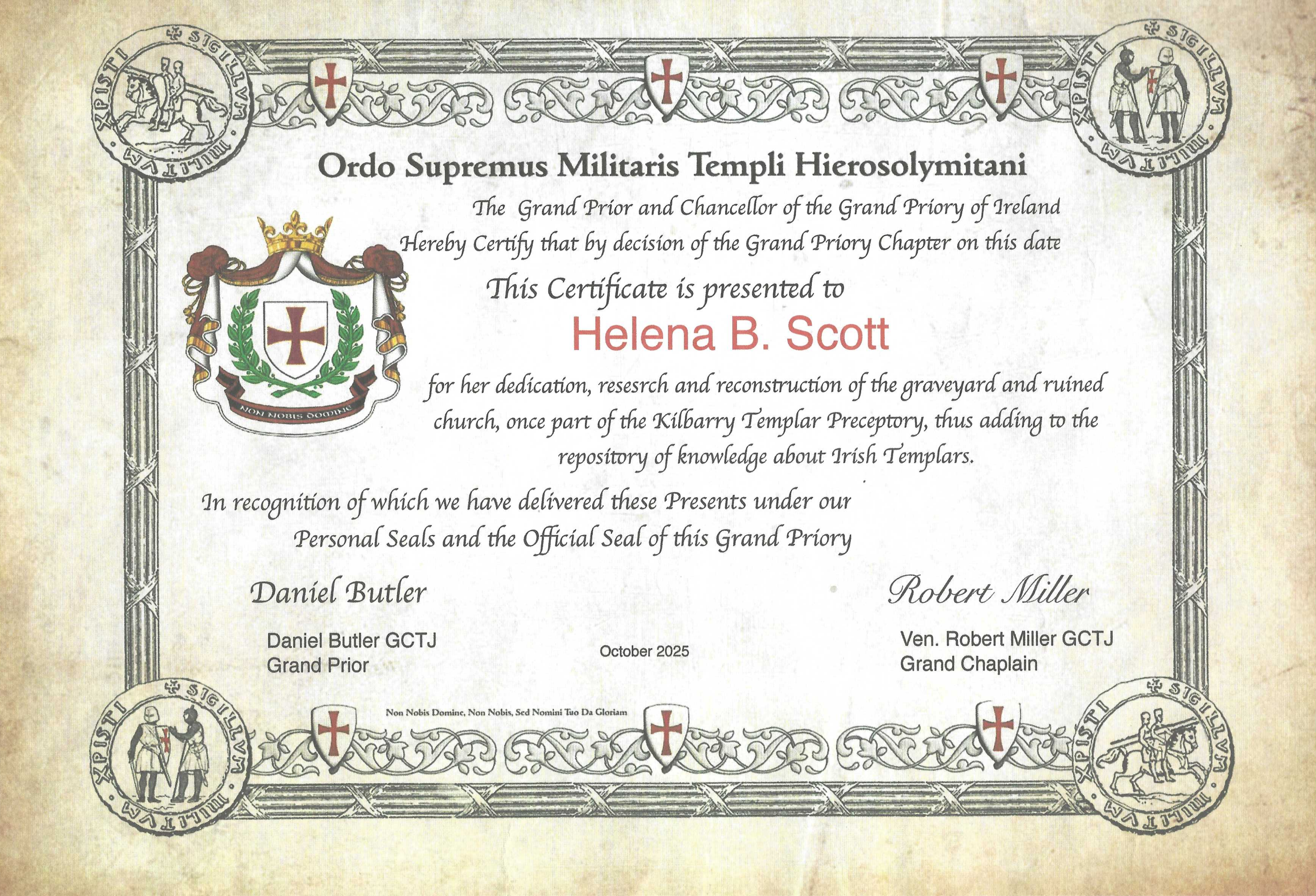 Parchment certificate from the Ordo Supremus Militaris Templi Hierosolymitani, Grand Priory of Ireland, presented to Helena B. Scott in October 2025 for her research and reconstruction of the graveyard and ruined church of the Kilbarry Templar Preceptory.