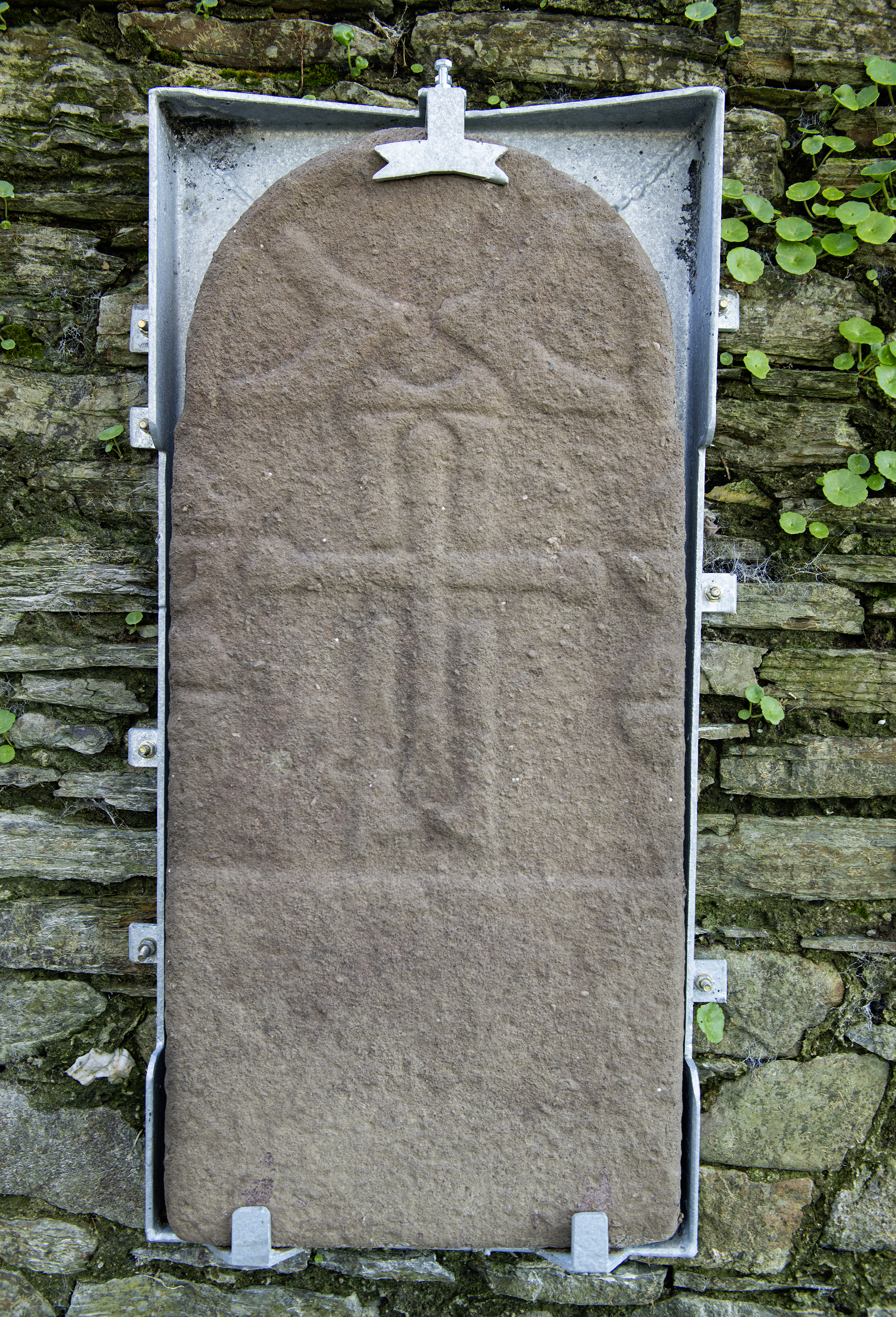 Close-up of the Kilbarry red sandstone Norse cross-slab, WA017-003013; Norse interpretation by Helena B. Scott