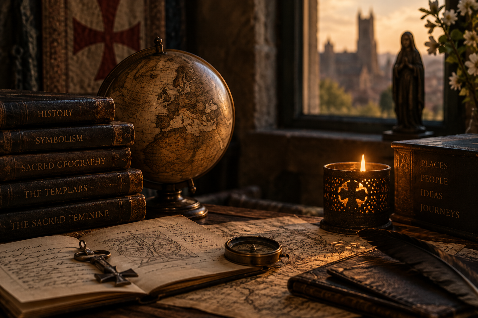 Candlelit books, maps and historic research materials representing forthcoming Helena B. Scott talks and masterclasses