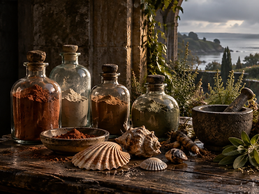 A historical apothecary workspace with pigments, medicinal materials, shells, herbs and a mortar in warm light